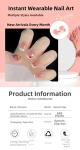 Detail of pink gradient press-on nails with cherry and heart designs, 24 pieces per box