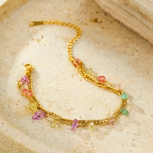 Three-layer titanium steel bracelet with 18K gold plating and colorful irregular stones