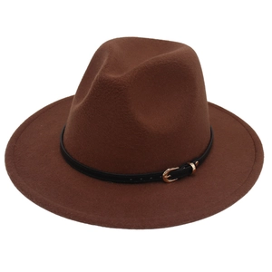 Detail of dark brown wool felt jazz hat featuring a black leather band and gold buckle