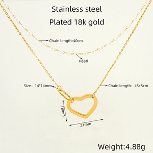 Collier double rang en acier inoxydable plaqué or 18K avec perles et pendentif coeur