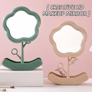 Flower Shaped Desktop Makeup Mirror With Storage Tray Jewelry Hooks Rotating Plastic Vanity Mirror For Dorm Office