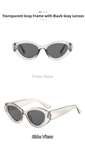 Front and side views of transparent gray oval sunglasses with gold star rivets