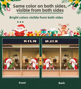 Double-sided cartoon Santa Claus window decals showing front and back view effects