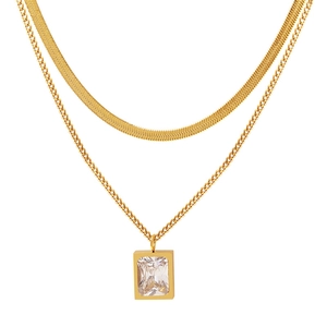 Double-layered gold-plated titanium steel necklace with square cubic zirconia pendant