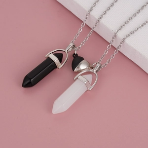 Magnetic heart couple necklaces with black and white hexagonal crystal stone pendants