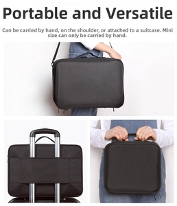 Black Oxford makeup bag showing three-way carrying: shoulder strap, handle, and suitcase strap