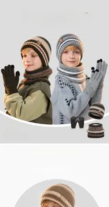 Detail of children winter knit set with fleece lining, striped hat and touch gloves