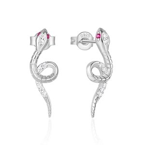 Close-up of 925 sterling silver snake earrings with white zircons and red gem eyes