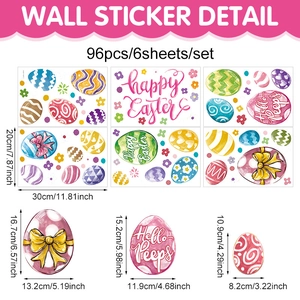 Detailed dimensions of 96pcs Easter egg window stickers on 6 sheets of waterproof PVC