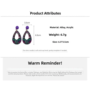 Detail view of ethnic teardrop earrings with dimensions 6.5x3.5cm and acrylic patterns