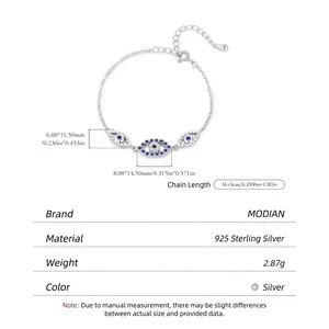 925 Sterling Silver Evil Eye bracelet with blue and white zircon stones, 16+3cm length