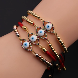 Evil Eye Bracelet Copper Gold Plated Cubic Zirconia Nazar Protection Adjustable Red Black Rope Bohemian Jewelry Women