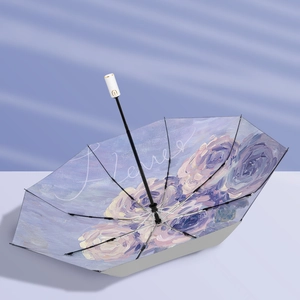 Automatic purple folding umbrella with artistic oil painting flower patterns and gold button