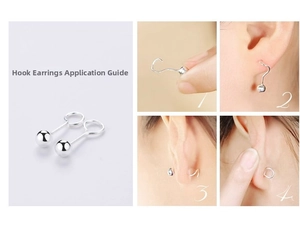Macro detail of S999 silver ball hook earrings with step-by-step wearing guide