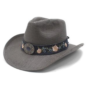 Western Cowboy Straw Hat Wide Brim Sun Protection Retro Boho Rose Embroidered Band Metal Concho Beach Vacation