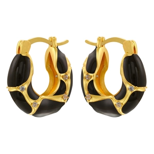 Lava U-shaped gold earrings with black enamel, zircon stones and irregular mesh design