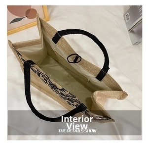 Spacious interior of the retro linen tote bag with reinforced handles and soft lining