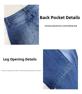 Détails de la poche arrière et de l'ourlet sur un jean stretch bleu au délavage vintage