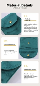 Detailed close-up of dark green velvet jewelry pouch with metal snap button and stitching