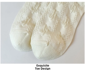 Close-up of the delicate floral jacquard knit toe design on white Lolita style socks