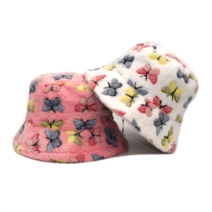 Chapeau Bob À Imprimé Papillon En Peluche Hiver Chaud Polaire Corail Extérieur Protection Solaire Pour Femmes
