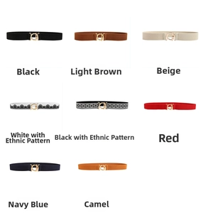 Collection of women's elastic belts in various solid colors and ethnic embroidery patterns