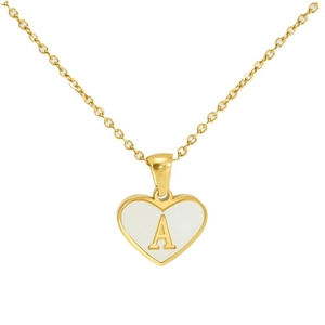Golden heart necklace featuring a white shell inlay and a central letter A pendant