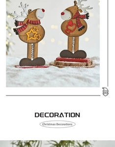 Close-up of wooden reindeer ornaments with red scarves and festive heart star details