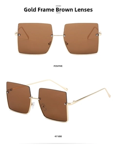 Detail view of gold frame square sunglasses with tea lenses from multiple angles