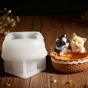 Siliconen mal voor DIY dieren kattenpaar beeldjes in een gevlochten mand handwerk