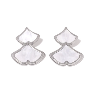 Double-layer stainless steel earrings with fan-shaped white shell inlays on white background