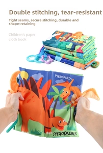 Detail showing double-stitched durable dinosaur cloth book with tear-resistant fabric