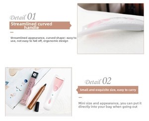Detail view of portable pink lash curler and four-tip eyebrow pencil in a beauty set