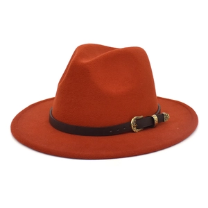 Deep orange wool fedora hat with brown leather band and gold snake scale buckle