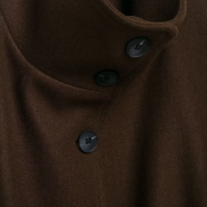 Women's dark brown wool cape coat with high stand collar and black round buttons detail