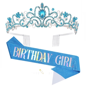 Blue Birthday Girl sash with silver tiara and rhinestone crown set for party decor