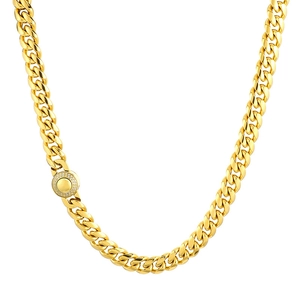 Chaîne cubaine dorée 10mm polie avec fermoir circulaire serti de pierres pour homme