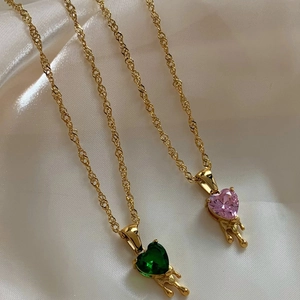 Y2K gold molten heart pendant necklace set with pink and green faceted zircon stones