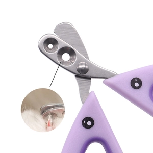 Cat nail clipper with dual-hole safety guard and purple cartoon handle for pet grooming