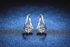 Macro detail of S925 silver moissanite earrings with brilliant round cut and small accents