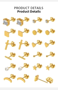 Detailed set of twelve pairs of 18K gold plated stud earrings in various geometric shapes