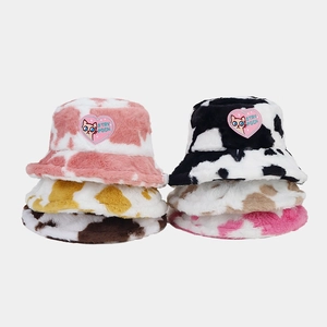 Plush Bucket Hat Faux Fur Cow Print Heart Cat Embroidery Patch Warm Winter Sun Basin Hat For Women Cute Korean Style