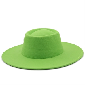 Detail of lime green wool fedora showing wide brim stitching and felt texture