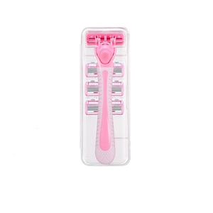 Set de rasoir rose pour femme avec manche et 4 lames de rechange en boîte transparente