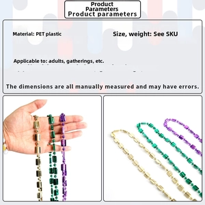 Detail of purple, gold, and green PET plastic bead necklaces for carnival party decorations