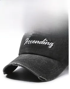 Detailed close-up of distressed brim with holes and 3D Ascending letter embroidery