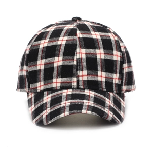 Classic plaid baseball cap in black, white and red tweed fabric for outdoor sun protection
