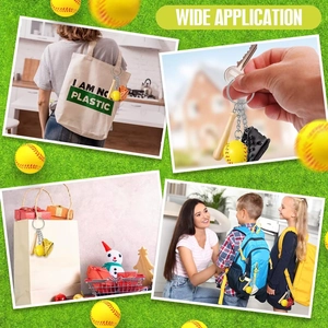 Detailed views of baseball keychain set used on backpack, keys, and gift bags