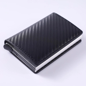 Slim RFID blocking carbon fiber pop-up credit card holder wallet with silver metal frame
