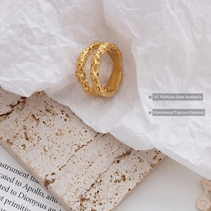 Hammered gold double-layer titanium steel ring with foil texture in minimalist style